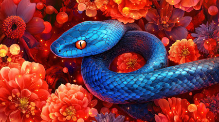 A surreal image of a blue snake surrounded by vibrant flowers and glowing circles, contrasting against a rich red backdrop.の素材