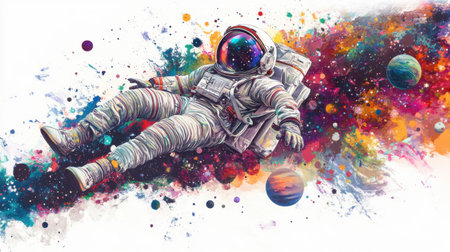 Cool Y2K astronaut floating among colorful stars and planets, showcasing retro aesthetics. Ideal for prints or merchandise. White background.の素材