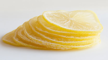A lemon cut into thin slices and stacked neatly on a pristine white surface.の素材