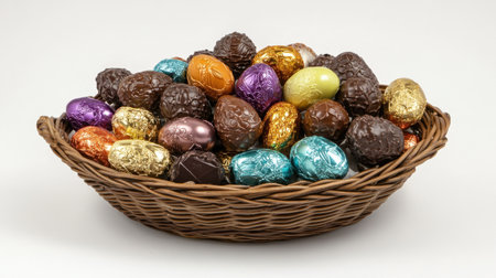 A vibrant assortment of foil-wrapped chocolate Easter eggs, elegantly arranged in a wicker basket against a white backdrop.の素材