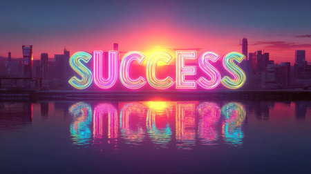 A vibrant neon sign displaying the word "SUCCESS" shines brightly against a stunning city skyline at sunrise, reflecting beautifully in the calm water below, symbolizing hope and achievement.の素材