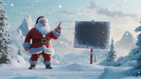 A joyful Santa Claus stands in a beautiful snowy landscape, pointing to a blank sign, perfect for holiday messages, surrounded by mountains and trees.の素材