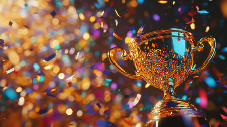Celebration concept featuring a golden trophy with vibrant confetti falling on a polished gold background, ideal for award visualsの素材