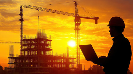A silhouette of a construction worker using a laptop at sunset with cranes and buildings in the background, symbolizing modern industry and engineering achievements.の素材