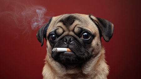 A humorous portrait of a pug smoking a cigarette, its relaxed demeanor and expressive eyes capturing a carefree essenceの素材
