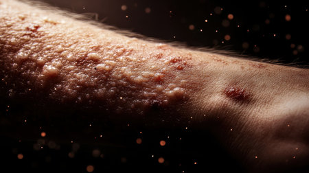 A detailed image of irritated skin on a forearm, showing redness and patches for dermatology and health-related contextsの素材