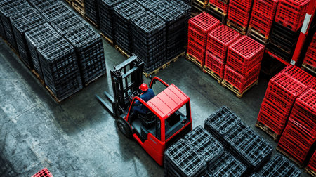 A forklift operator stacking crates in a large, well-organized warehouse.の素材