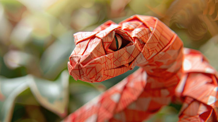 Artistic and intricate origami snake, highlighting the craftsmanship and creative design of traditional Asian paper folding for the Year of the Snake.の素材
