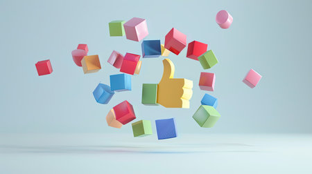 Multi-coloured cubes floating and moving in space, gradually coming together to form an abstract thumbs up sign against a plain background.の素材
