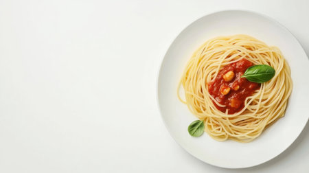 A plate of delicious spaghetti with marinara sauce and basil, isolated on a white background with empty space for text.の素材