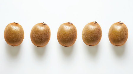 A kiwi fruit with its brown fuzzy skin and green flesh, arranged in a row on a white background.の素材