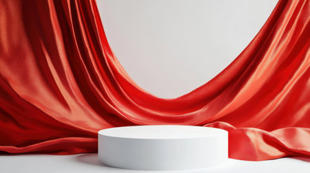 Minimalist white product podium surrounded by flowing red silk fabric, creating a dramatic and sophisticated backdrop.の素材