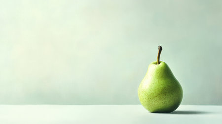 A fresh pear with a green stem, isolated on a white background with room for text or branding.の素材