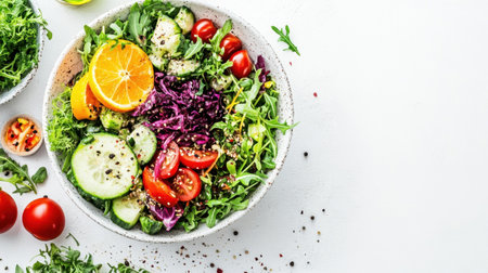 A bowl of fresh salad with vibrant vegetables and greens, isolated on a white background with ample copy space for textの素材