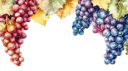 A cluster of grapes with vibrant colors, isolated on a white background with room for text.の素材