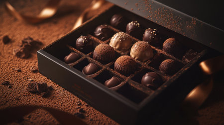 Deluxe chocolate box with shimmering ribbons, showcasing truffles and pralines, surrounded by elegant cocoa powder accents.の素材