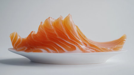 Vibrant raw salmon slice with distinct marbling, presented on a pure white backdrop for a clean and appetizing display.の素材