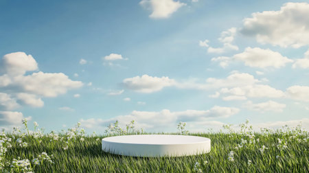 Minimalist white podium standing on vibrant grass with a picturesque sky background, ideal for natural product themes.の素材