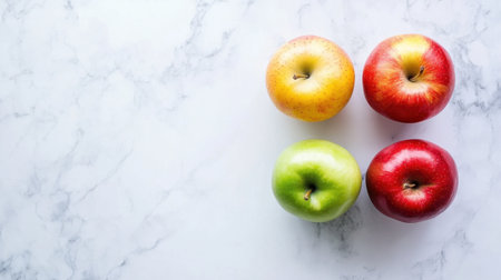 A trio of red, green, and yellow apples arranged on a clean white surface.の素材
