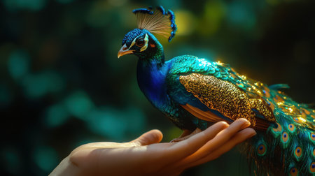 Stunning peacock with iridescent plumage perched on a hand, its turquoise head and golden feathers glowing in vivid detail.の素材