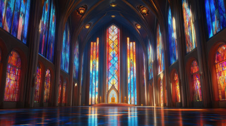 A breathtaking cathedral interior featuring towering stained glass panels in blue, red, and yellow, bathing the hall in radiant hues.の素材