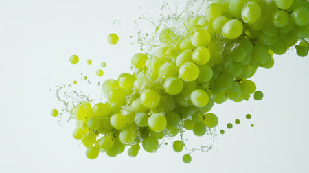 A vibrant bundle of green grapes cascading across a white background.の素材