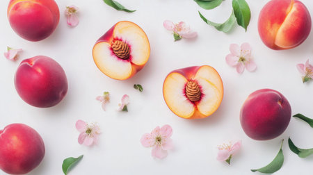 A sliced peach with its pit exposed, arranged alongside whole peaches on a white backdrop.の素材