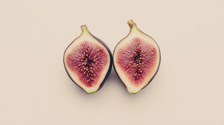 A pair of ripe figs, halved to reveal their deep purple and pink interiors, arranged on a white backdrop.の素材