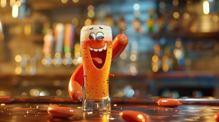 Cheerful 3D sausage icon gripping a beer glass, with realistic textures and vibrant colors, creating a lively and inviting image.の素材