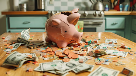 Kitchen counter with a shattered piggy bank and scattered money, illustrating the usage of emergency funds in a crisis.の素材