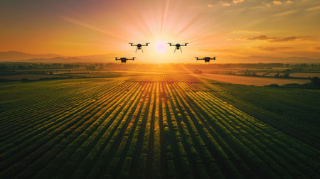 A fleet of drones flying over expansive farmland, illustrating their role in modernizing agriculture for better yields.の素材