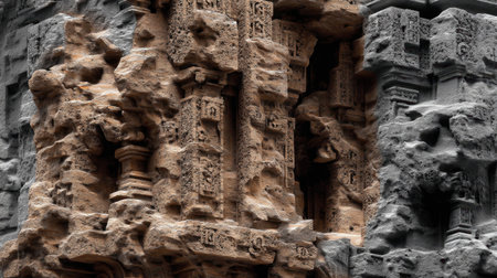 Discover the intricate stone carvings and textures found in ancient architecture, showcasing rich historical details and craftsmanship.の素材