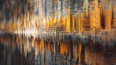 Stunning abstract image features colorful waveform reflections in vibrant orange and blue shades on a textured surface, capturing energy and fluidity.の素材