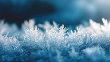 A stunning close-up view of intricate frost patterns on a winter surface, showcasing the delicate beauty of snowflakes against a soft blue backdrop.の素材