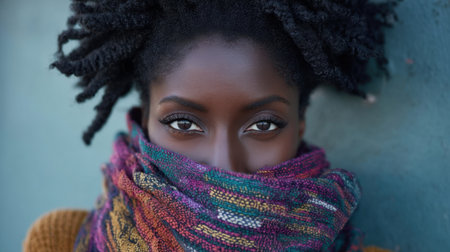 A striking close-up portrait of a woman with natural hair wearing a colorful scarf. Her expressive eyes reflect confidence and warmth against a textured background.の素材