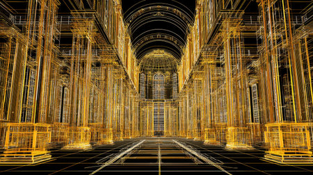 This detailed wireframe architectural design showcases a grand interior space with intricate lines and lighting effects, embodying a blend of modernity and artistry.の素材