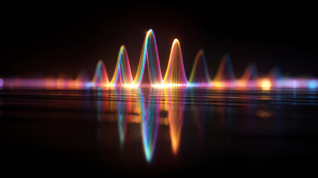 This vibrant digital artwork features colorful sound waves reflected on a dark background, representing the connection between music and technology.の素材