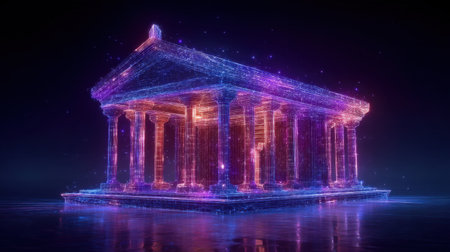 This stunning digital representation showcases a futuristic temple adorned with vibrant neon lights. Its intricate details and glowing elements create a mesmerizing visual experience.の素材