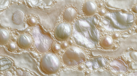A captivating close-up view of natural pearls on a soft satin background, showcasing organic shapes and gentle luster. Perfect for design and elegance themes.の素材