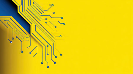 Vibrant abstract digital background featuring intricate circuit lines against a bright yellow backdrop, ideal for technology and innovation themes.の素材