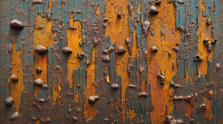 A detailed view of a rusty metal surface featuring vibrant orange and brown hues, peeling paint, and unique imperfections, perfect for industrial-themed projects.の素材