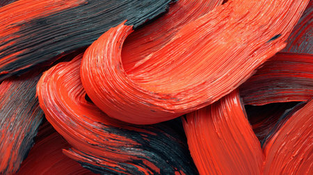 This close-up image showcases vibrant red and black paint strokes on a textured surface, creating an abstract and dynamic visual experience perfect for creative projects.の素材