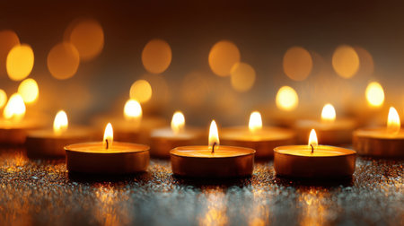 This captivating image features a collection of glowing tea light candles arranged artistically on a reflective surface, creating a warm and serene atmosphere. The soft bokeh background enhances the tranquility, making it perfect for relaxation or celebration themes.の素材