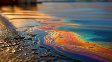This stunning image captures the mesmerizing colors of an oil spill on a water surface, reflecting the warm hues of a sunset. The unique patterns create a captivating blend of art and nature, highlighting environmental concerns.の素材