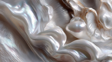 This close-up image features an elegant display of mother of pearl with iridescent colors and smooth textures, perfect for design inspiration.の素材