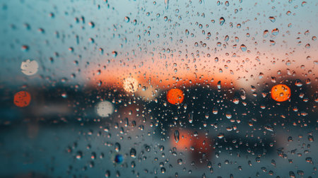 This captivating image shows raindrops clinging to a glass surface, creating a blurred view of colorful city lights during sunset. The mood is serene and inviting.の素材