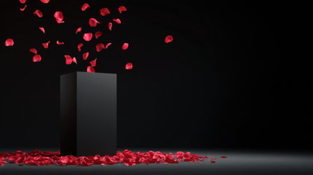 A striking black box stands against a dark background with vibrant red rose petals cascading around it, creating a romantic atmosphere perfect for various themes.の素材