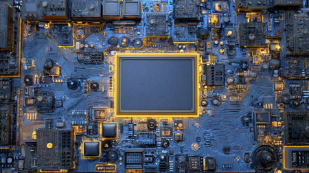 This detailed image showcases a complex circuit board filled with various electronic components, illustrating modern technology and intricate designs.の素材