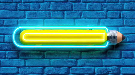 Bright neon pencil sign against a blue brick wall creates an eye-catching visual for creative spaces, perfect for students or artists.の素材