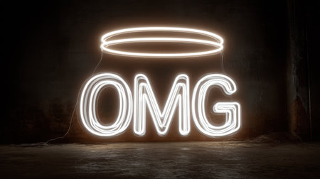 A stunning bright neon sign featuring the word "OMG" in a modern artistic style, set against a dark urban backdrop. Perfect for creative projects.の素材
